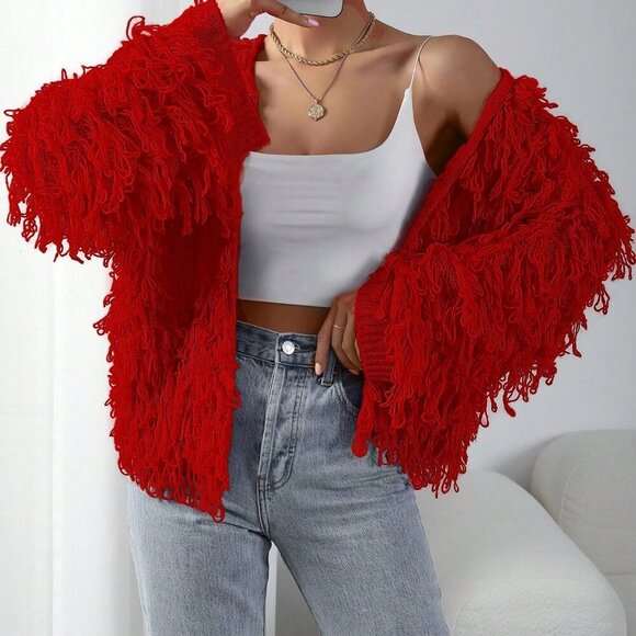 Red Casual Women's Fringe detailed Versatile Long Sleeve knit sweater Cardigan - Picture 1 of 6
